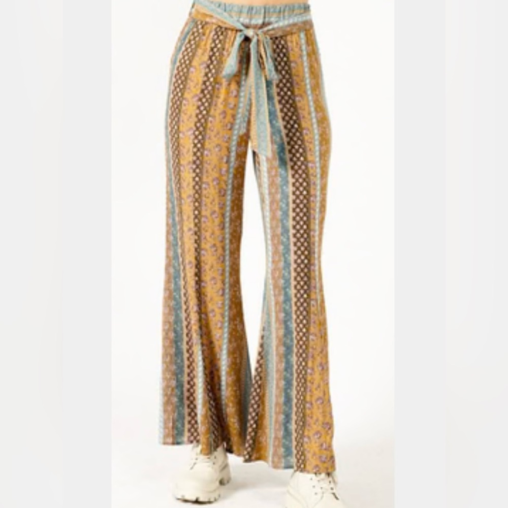 🟠NEW GEEGEE Plus High-Waist Wide Leg Pants in Camel/Blue Stripes 2XL